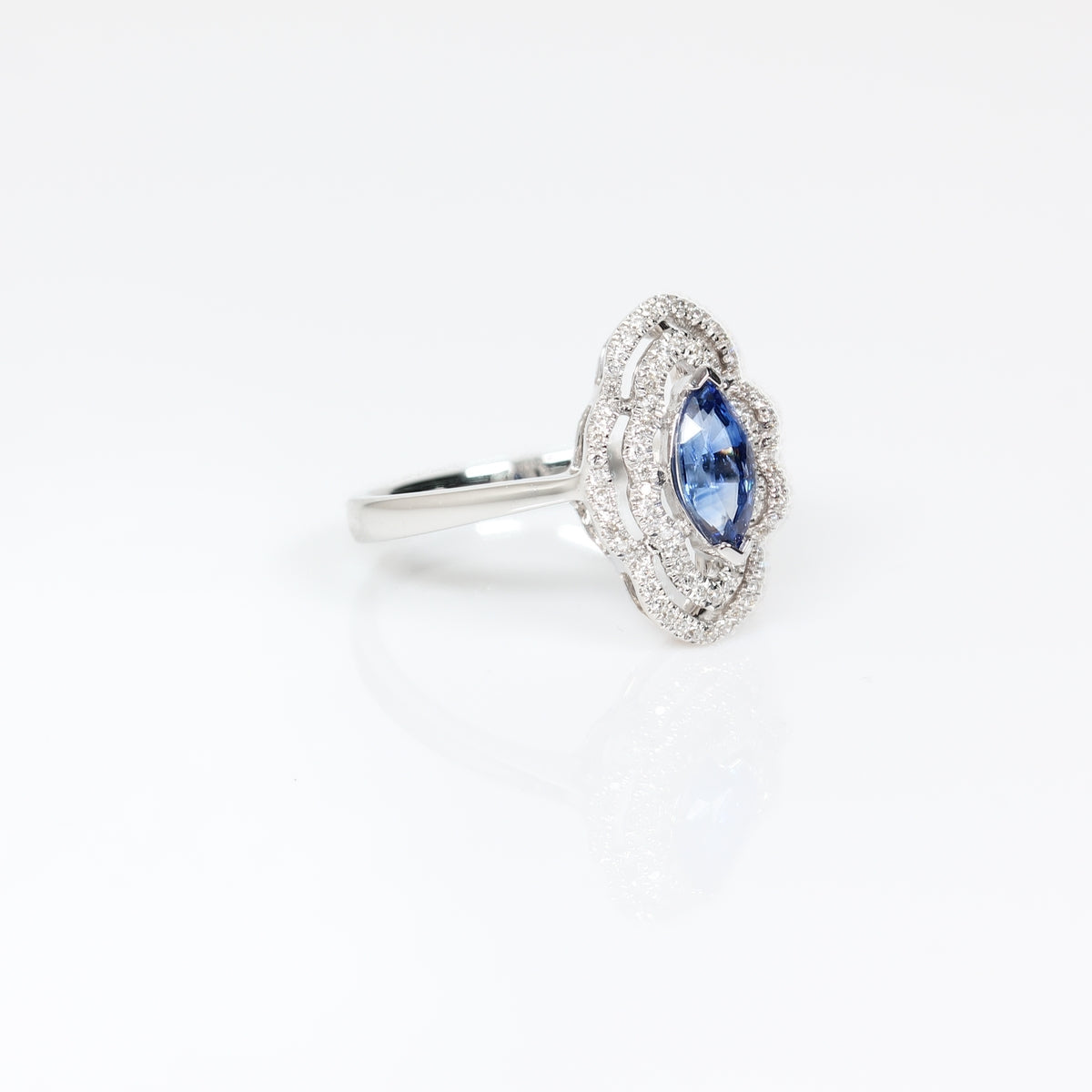 Nature Blue Sapphire Marquise Ring Double Halo in 18k White Gold